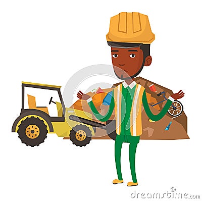 Worker and bulldozer at rubbish dump. Vector Illustration