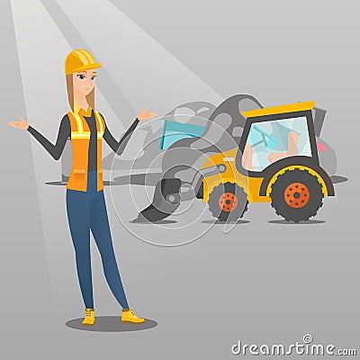 Worker and bulldozer at rubbish dump. Vector Illustration