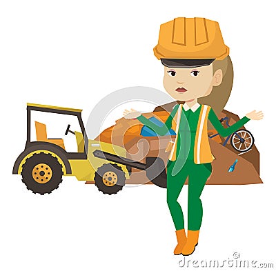 Worker and bulldozer at rubbish dump. Vector Illustration