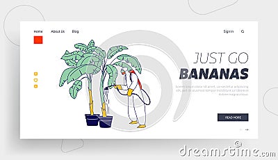 Worker Character Fertilizing Banana Palm Tree Landing Page Template. Labourer Work in Tropical Country Care of Fruits Vector Illustration