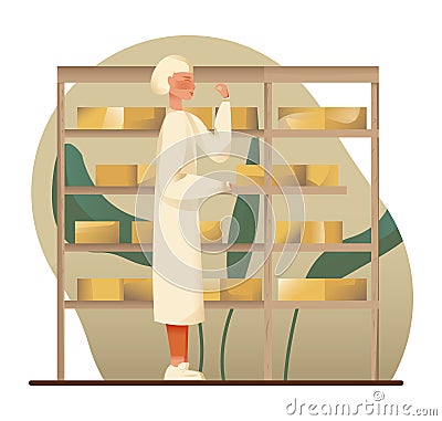 Worker checking quality of dairy product. Cheese making process in factory concept Vector Illustration