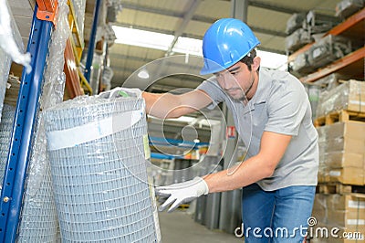 Worker checking reference on roll fencing Stock Photo