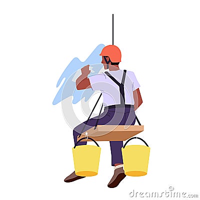 Worker of cleaning service hanging with security belts on bench to wash skyscraper window Vector Illustration