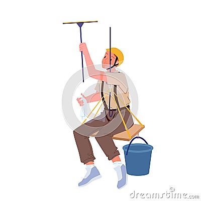 Worker of cleaning service working, hanging at height to clean window of building Vector Illustration