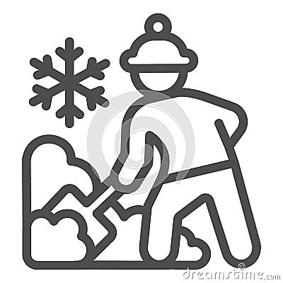 Worker cleans snow on street line icon, Winter season concept, Sweeper with shovel sign on white background, snow Vector Illustration