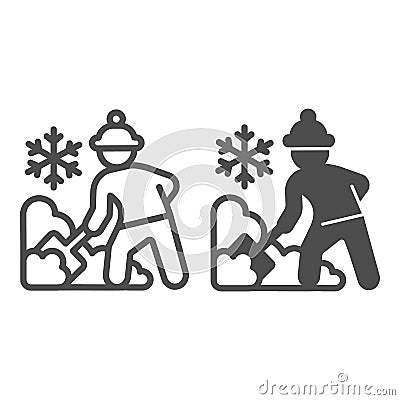 Worker cleans snow on street line and solid icon, Winter season concept, Sweeper with shovel sign on white background Vector Illustration