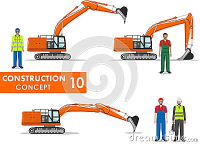 Worker concept. Detailed illustration of excavator, worker, miner, engineer, businessman in flat style on white background. Heavy Cartoon Illustration