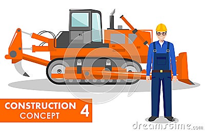 Worker concept. Detailed illustration of workman and dozer in flat style on white background. Heavy construction machine Vector Illustration