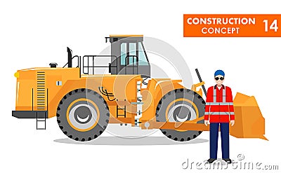 Worker concept. Detailed illustration of workman, driver, miner, builder and wheel dozer in flat style on white Vector Illustration