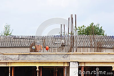 worker at a construction site for the of the polyclinic in the city. Stock Photo