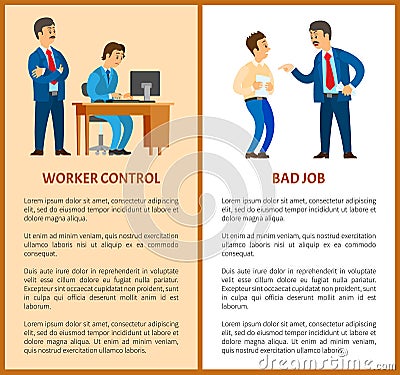 Worker Control and Bad Job, Strict Boss Duties Vector Illustration