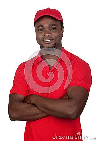 Worker courier with red uniform Stock Photo