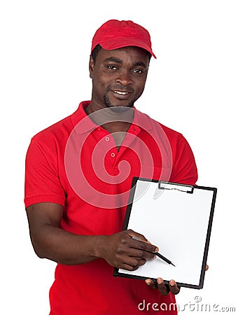 Worker courier with red uniform Stock Photo
