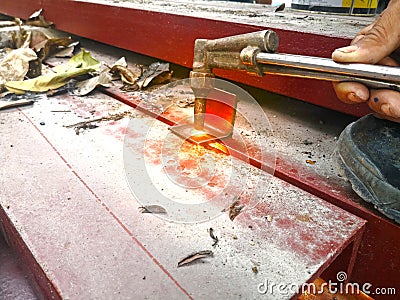 Worker are cutting torch steel by oxygen and acetylene cutter Stock Photo