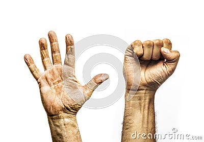 Worker dirty hands, open palm and fist Stock Photo