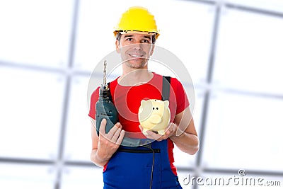 Worker with drill and piggy bank Stock Photo