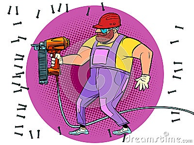 A worker drills a wall with a drill or a puncher. Renovation and construction Vector Illustration