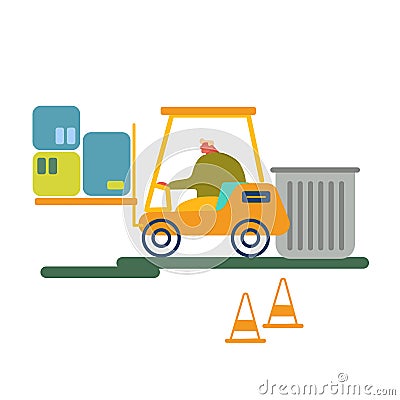 Worker Driving Forklift Truck with Garbage for Waste Processing on Plant. Technological Process. Recycling and Storage Vector Illustration