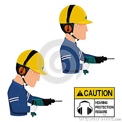 A worker with earmuffs is using drill machine on transparent background Vector Illustration