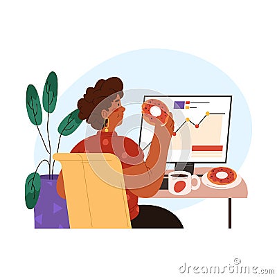 Worker eating donut at workplace. Cartoon vector Vector Illustration