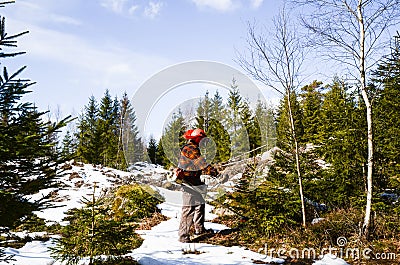 Worker with brush cutter Stock Photo