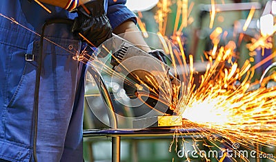 Worker grinding steel by electric grinding machine Stock Photo