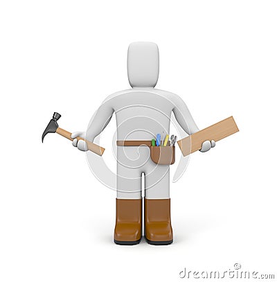Worker with hammer and plank of wood Stock Photo