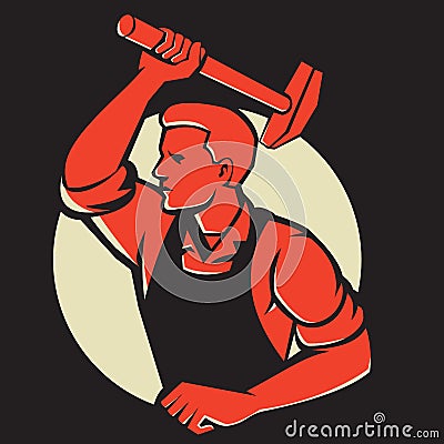 Worker With Hammer Striking Retro Vector Illustration