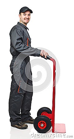 Worker with handtruck Stock Photo