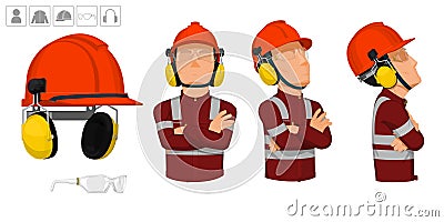 worker with helmet and earmuffs on white background Vector Illustration