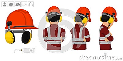 worker with helmet and earmuffs on white background Vector Illustration