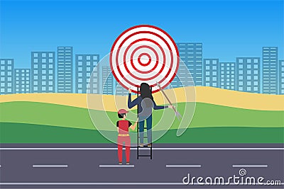 A worker helping a woman to place an arrow on a dartboard vector. Flat character illustration with a cityscape background and Vector Illustration