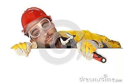 Worker holding blank poster Stock Photo