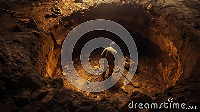 Worker inside a large hole digging with a shovel Stock Photo