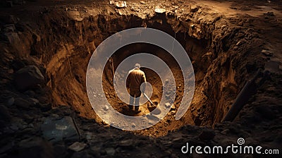 Worker inside a large hole digging with a shovel Stock Photo