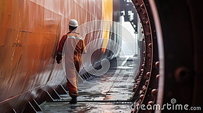 A worker inspects the tailpipe of a container ship where a scrubber system has been installed to remove harmful Stock Photo