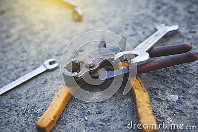 Worker items on ground Stock Photo