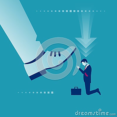 Worker kneeling in front of the big boss. Business leader. Leadership concept. Vector Illustration