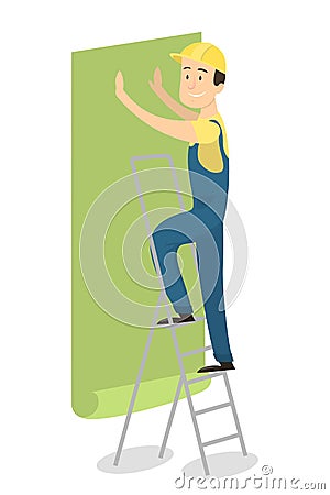 Worker gluing wallpapers. Vector Illustration