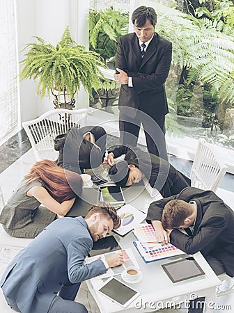 Worker lazy person sleep exhausted with tired meeting. Diversity group of business people sleeping in conference room after Stock Photo