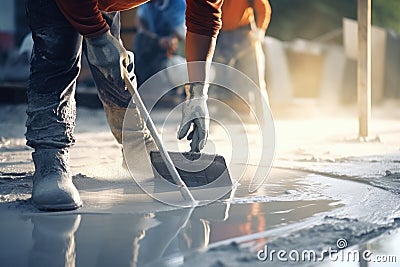 Worker leveling concrete floor with shovel at construction site, closeup, Construction worker use screed concrete epoxy for level Stock Photo
