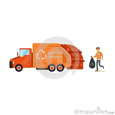 Worker loading rubbish bag into garbage collector truck, waste recycling Vector Illustration