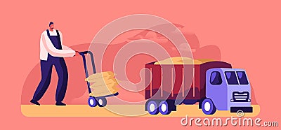 Worker Loading Sacks with Flour on Truck, Cereals Manufacture, Production, Character Producing Wheat. Bread Industry Vector Illustration