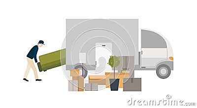 Worker loading things for transportation. Moving into a new house. Cartoon illustration in flat style. Vector Illustration