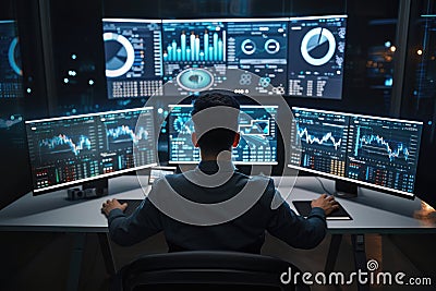 Worker looking at customer behavior chart while analyzing at computer. AIG42. Stock Photo