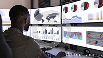 Worker looking at customer behavior chart while analyzing at computer. AIG42. Stock Photo