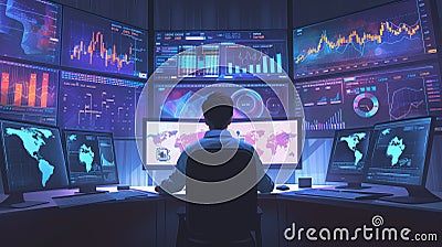 Worker looking at customer behavior chart while analyzing at computer. AIG42. Stock Photo