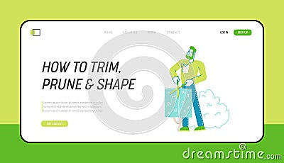 Worker Male Character Trimming Bush in Garden Landing Page Template. Man Cut Hedge in Orchard Doing Gardener Vector Illustration
