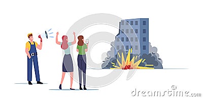 Worker Male Character in Uniform with Loudspeaker and Women with Smartphones Looking on TNT Explosion Vector Illustration