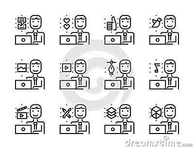 Worker man with laptop outline icon set. Creative work and social media. Vector Illustration